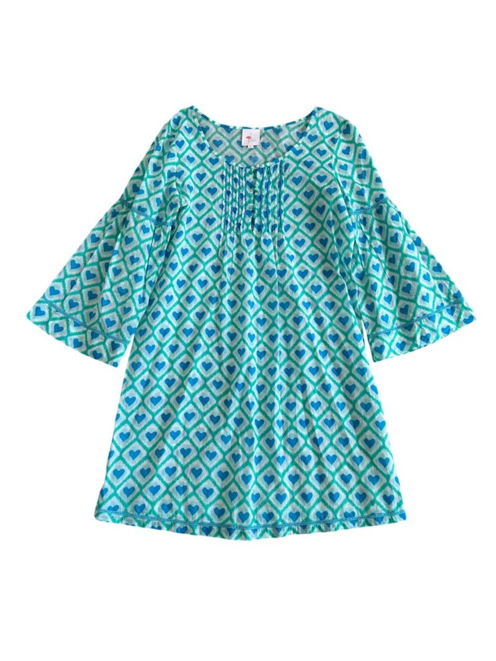 Nimo Womens Sz M Tunic Dress Blue & Green Heart Print Bell Sleeves Pintuck